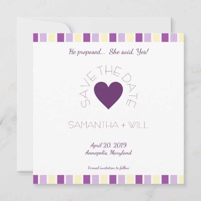 Save The Date Purple Heart Modern and Minimalist Striped Design (Devant)
