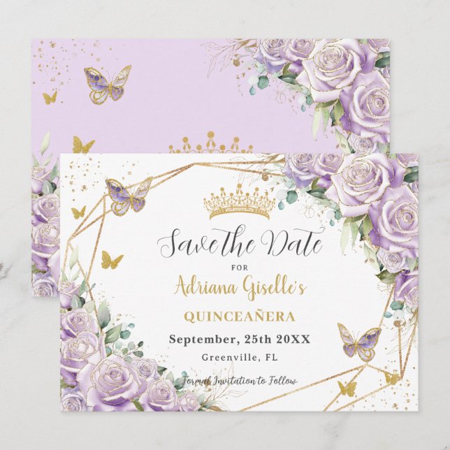 Save The Date Purple Lilac Floral Princess Gold Quinceañera (Devant / Derrière)