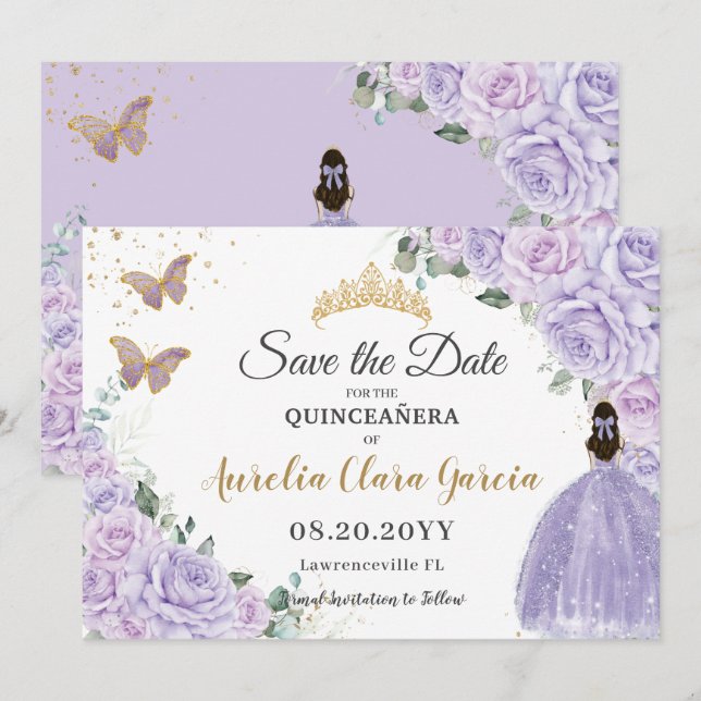 Save The Date Purple Lilac Floral Quinceañera 15 Princess  (Devant / Derrière)