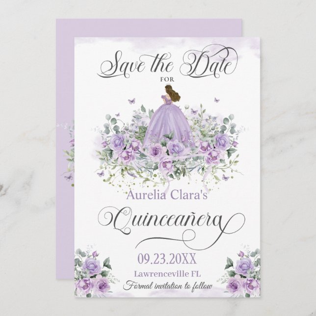 Save The Date Purple Lilac Floral Quinceañera 15ème Anniversaire (Devant / Derrière)