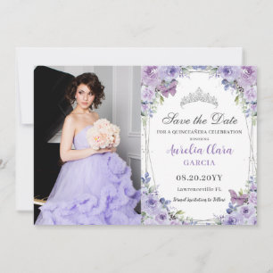 Save The Date Purple Lilac Floral Quinceañera Sweet 16 Photo