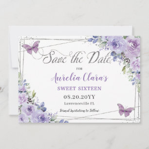 Save The Date Purple Lilac Floral Quinceañera Sweet sixteen Écon