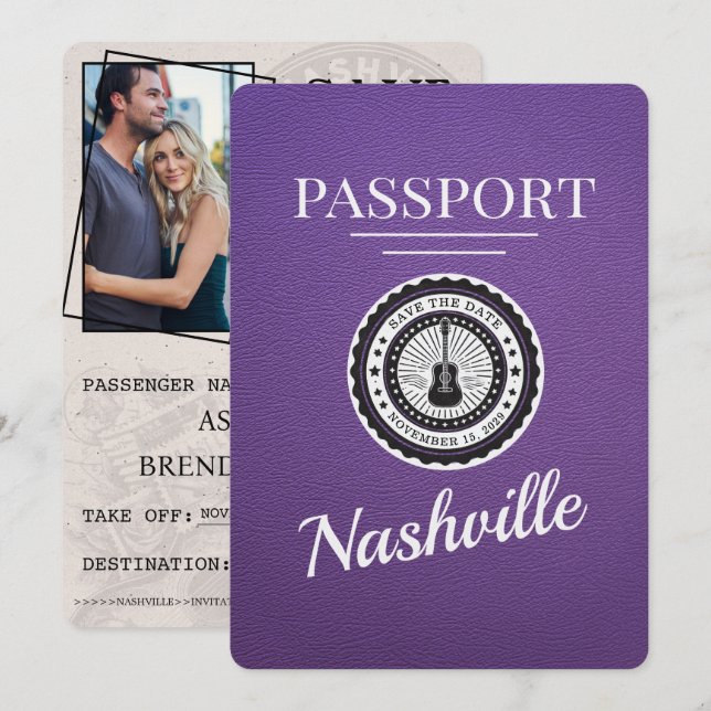 Save The Date Purple Nashville Passeport Enregistrer La Date (Devant / Derrière)