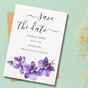 Save The Date Purple Orchidée blanc script unique mariage