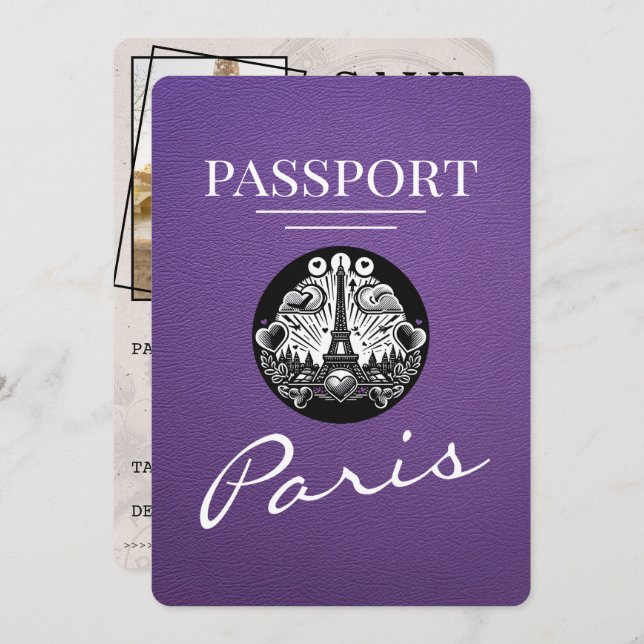 Save The Date Purple Paris Passport Enregistrer La Date (Devant / Derrière)