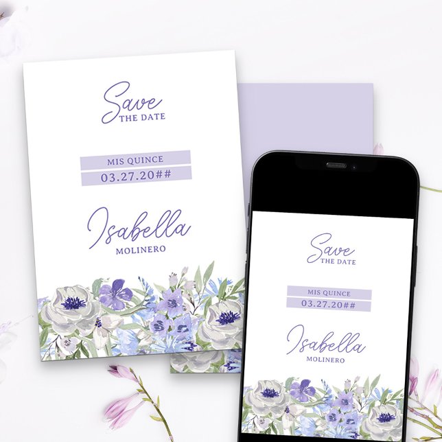 Save The Date Purple Peri Girl Floral Mis Quince (Purple floral Save the Date with modern color blocks)