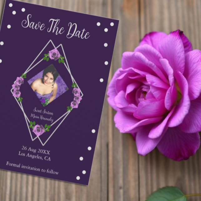 Save The Date Purple Rose Silver Géométrique Sweet 16 (Créateur téléchargé)