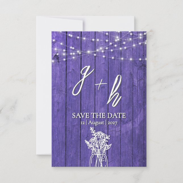 Save The Date Purple Russe Chaîne de bois éclaire Boho Mason Jar (Devant)