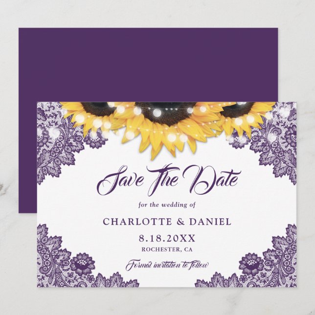 Save The Date Purple Rustic Floral Lace Sunflower Wedding (Devant / Derrière)