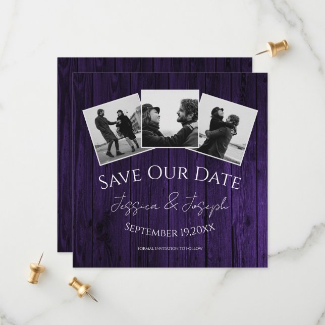 Save The Date Purple Rustic Photo Collage Enregistrer La Date (Devant/Arrière en situation)