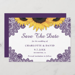 Save The Date Purple Rustique Chic Mariage dentelle de tournesol