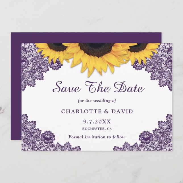 Save The Date Purple Rustique Chic Mariage dentelle de tournesol (Devant / Derrière)