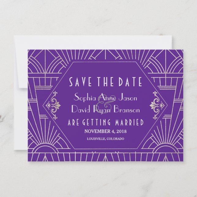 Save The Date Purple Silver Great Gatsby Art Déco Enregistrer La (Devant)
