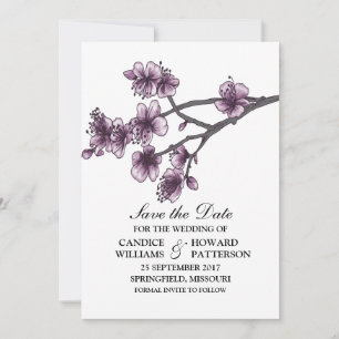 Save The Date Purple Simple Cherry Blossoms Enregistrer l'Invita