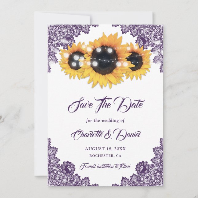 Save The Date Purple Sunflower Floral Lace Rustic Wedding (Devant)