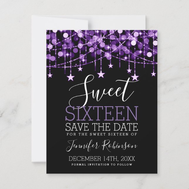 Save The Date Purple Sweet 16 Éclairages À Chaîne Épargne Date (Devant)