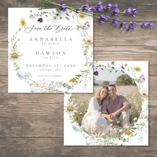 Save The Date Purple Wildflower Watercolor Minimal Wedding Photo (Purple Wildflower Watercolor Minimal Wedding Photo Save The Date)