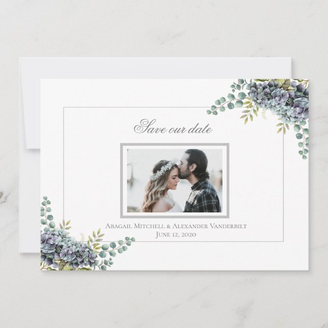 Save The Date Purplish Hydrangeas Eucalyptus Photo Enregistrer L (Devant)