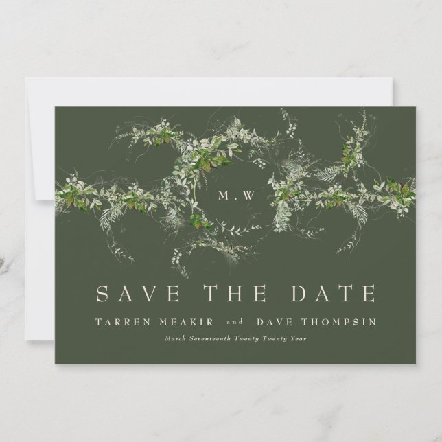 Save The Date QR Code AUCUNE PHOTO Eucalyptus Monogramme Vert (Devant)