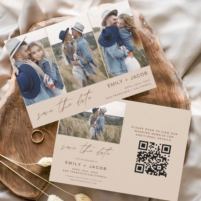 Save The Date QR Code Boho Enregistrer la date 4 Photo Elegant (Créateur téléchargé)