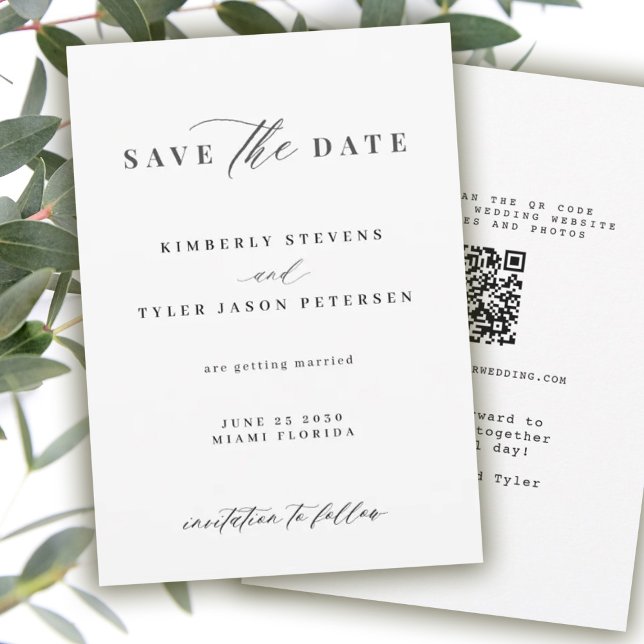 Save The Date QR CODE élégant script noir et blanc mariage (Créateur téléchargé)