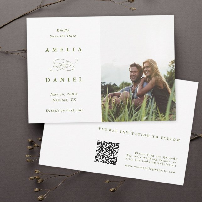 Save The Date QR code Modern Photo Mariage Olive Green (Créateur téléchargé)