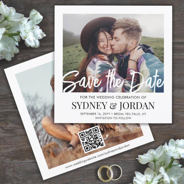 Save The Date QR Code Modern Script Photo Overlay Carré Mariage (Créateur téléchargé)