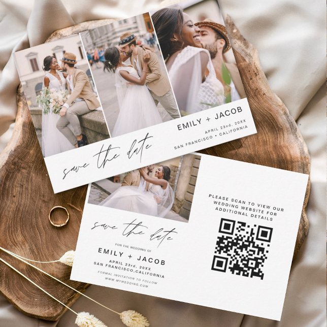 Save The Date QR Code moderne Enregistrer la date 4 Photo Elegan (Créateur téléchargé)