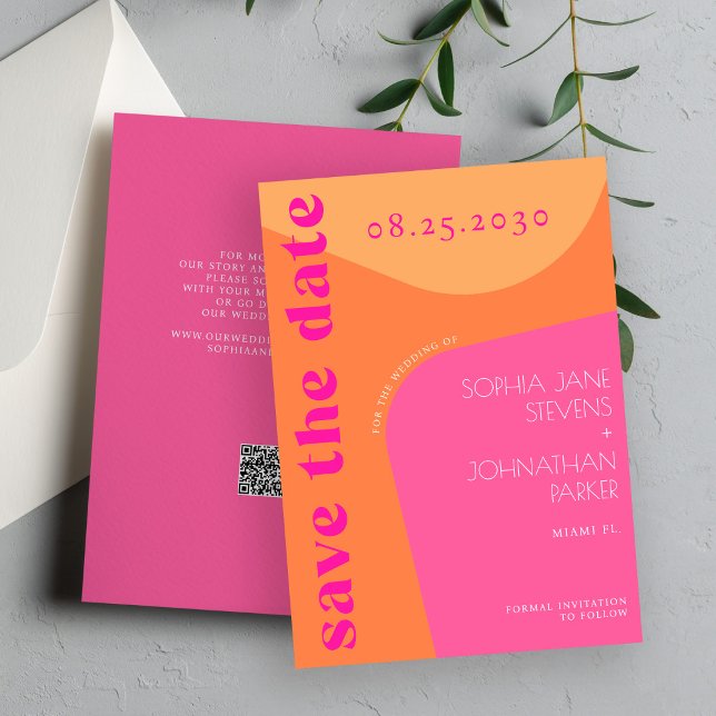 Save The Date QR code moderne rétro super orange rose mariage (Créateur téléchargé)