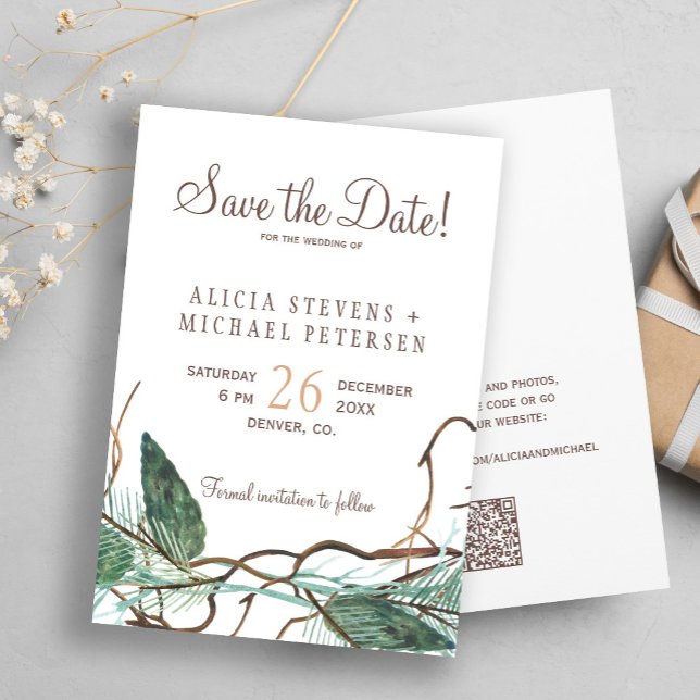 Save The Date QR code rustique mariage forestier d'hiver (Créateur téléchargé)