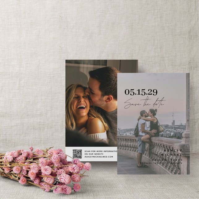 Save The Date QR Code Vellum Overlay Modern Script 2 Photo (Save the Date: Love is in the air!)