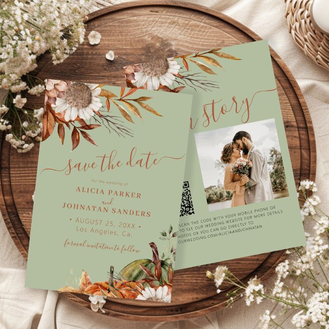Save The Date QR rustic modern sage green floral wedding (Créateur téléchargé)