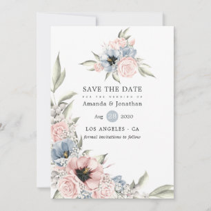 Save The Date Quartz rose et Mariage Floral bleu Sérénité