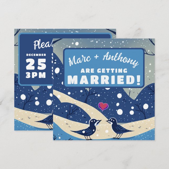 Save The Date Quelque Chose de Bleu Oiseaux d'Hiver de Mariage d (Devant / Derrière)
