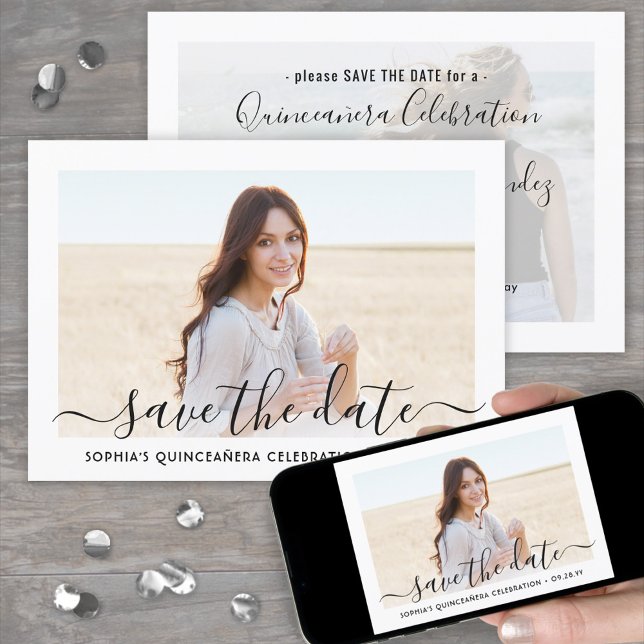 Save The Date Quinceañera 2 Photo Élégant Script 15e anniversair (Créateur téléchargé)