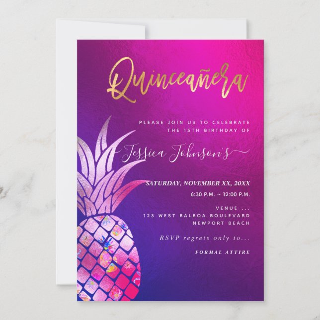 Save The Date Quinceanera, Aquarelle Or Faux Ananas (Devant)