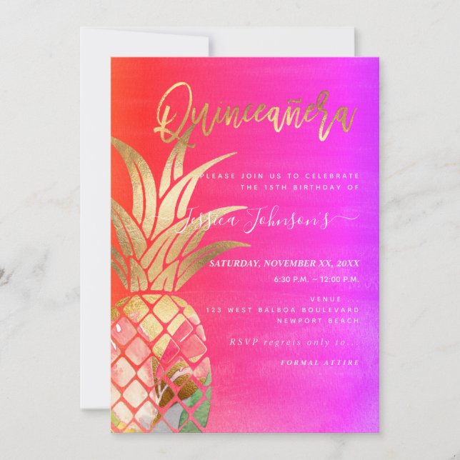 Save The Date Quinceanera, Aquarelle Or Faux Ananas (Devant)