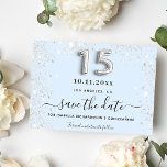 Save The Date Quinceanera bébé bleu argent parties scintillant<br><div class="desc">Une fille et tendance Sauvez la Date pour une Quinceañera, 15ème anniversaire fête. Arrière - plan bleu ababy décoré avec de la poussière de parties scintillant fausse. Personnalisez et ajoutez une date et un nom/âge. Le texte : Save the Date est écrit avec un grand script de style à la...</div>