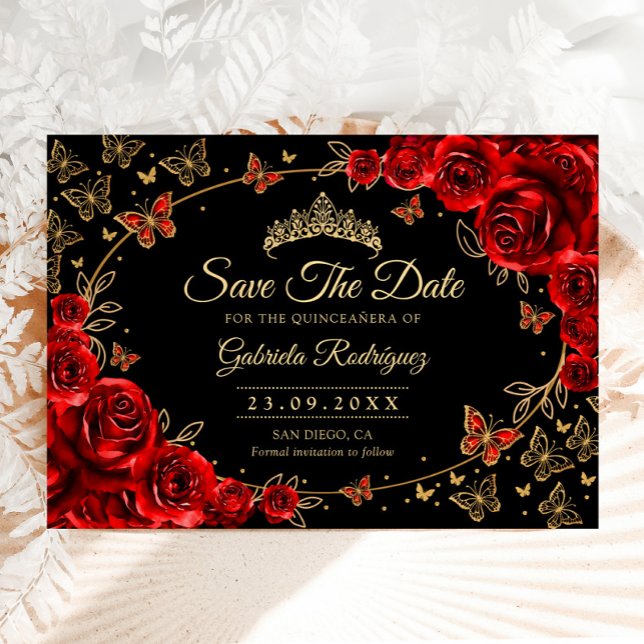 Save The Date Quinceanera Black Red Roses Gold (Créateur téléchargé)