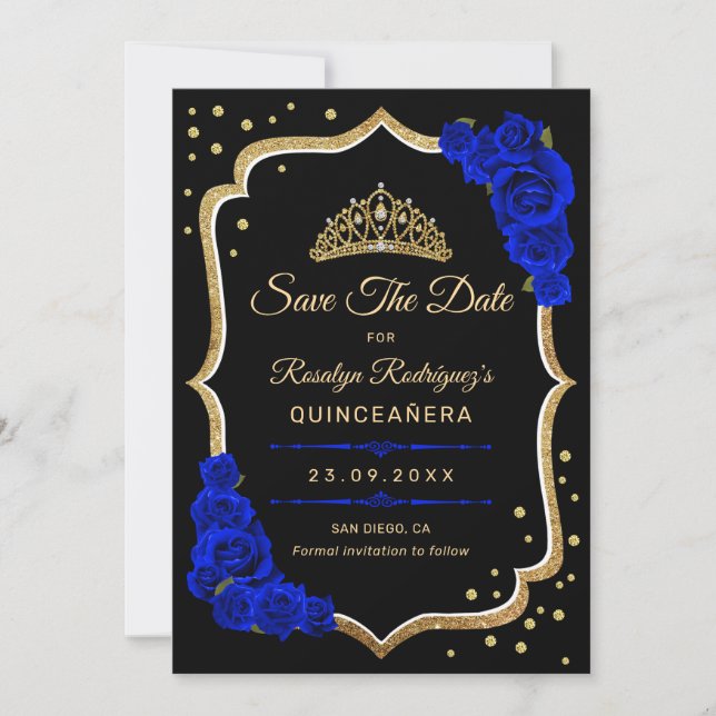 Save The Date Quinceanera - Black Royal Blue Gold (Devant)