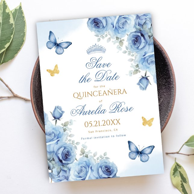 Save The Date Quinceañera Blue Floral Gold Butterfly Tiara (Créateur téléchargé)