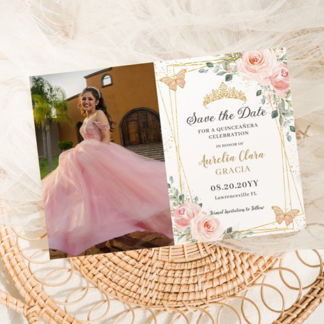 Save The Date Quinceañera Blush Rose Rose Floral Butterfly Photo (Créateur téléchargé)