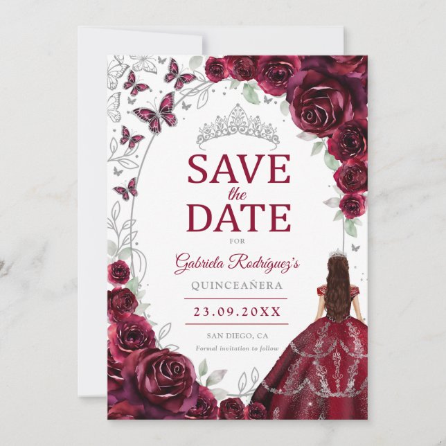 Save The Date Quinceanera Bourgogne Fleurs Argentées (Devant)