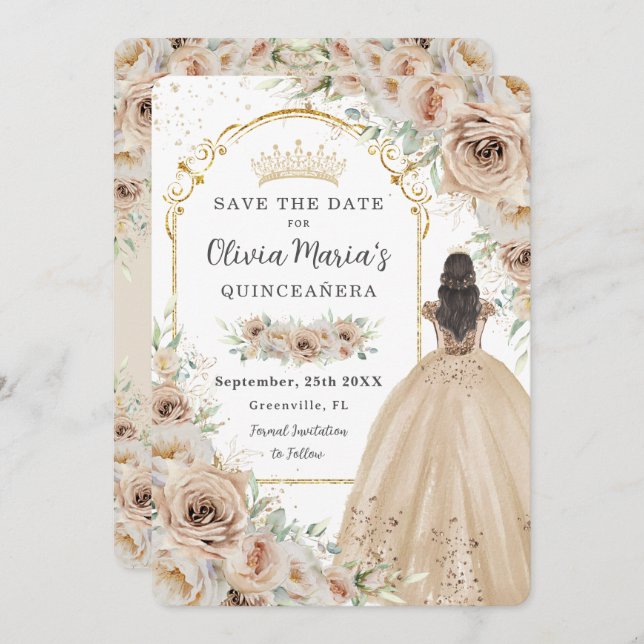 Save The Date Quinceañera Champagne Crème beige Florale Princess (Devant / Derrière)
