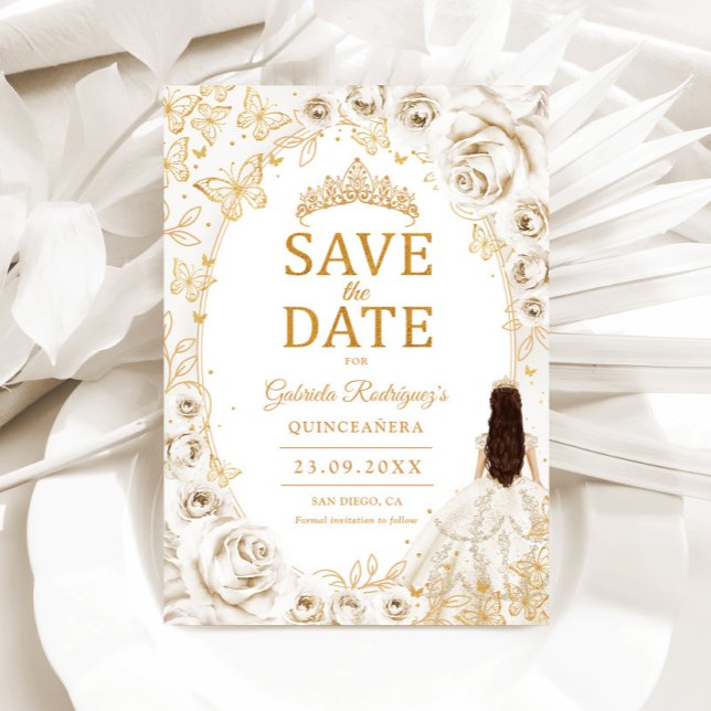 Save The Date Quinceanera Crème Or Floral (Créateur téléchargé)