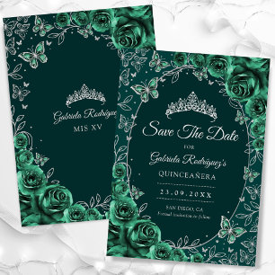 Save The Date Quinceanera d'argent vert émeraude