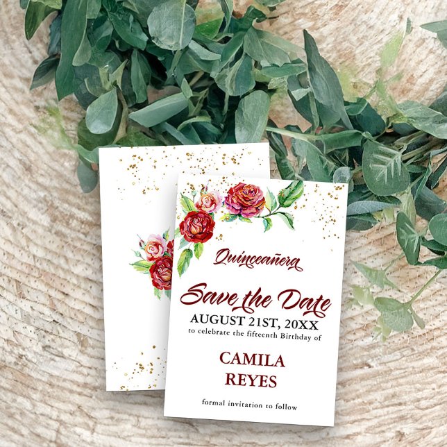 Save The Date Quinceanera des Roses rouges vintages (Quinceanera save the date cards from my Vintage Floral Red Roses Quinceanera Collection)