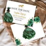 Save The Date Quinceanera d'or vert émeraude<br><div class="desc">Annoncez votre journée spéciale avec une enchanteresse Emerald Green Princess Quinceañera Enregistrer l'invitation Date. Avec une palette de couleurs vert émeraude et des détails élégants, cette invitation donne le ton d'une célébration royale. Orné de délicats accents propres à une princesse, il saisit parfaitement la magie de votre prochaine quinceañera. Ce...</div>