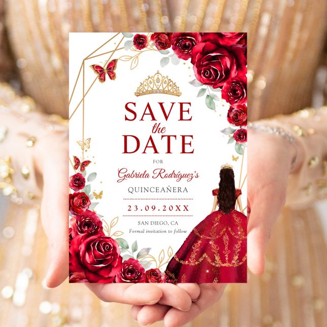 Save The Date Quinceanera Dress Red Roses Gold (Créateur téléchargé)