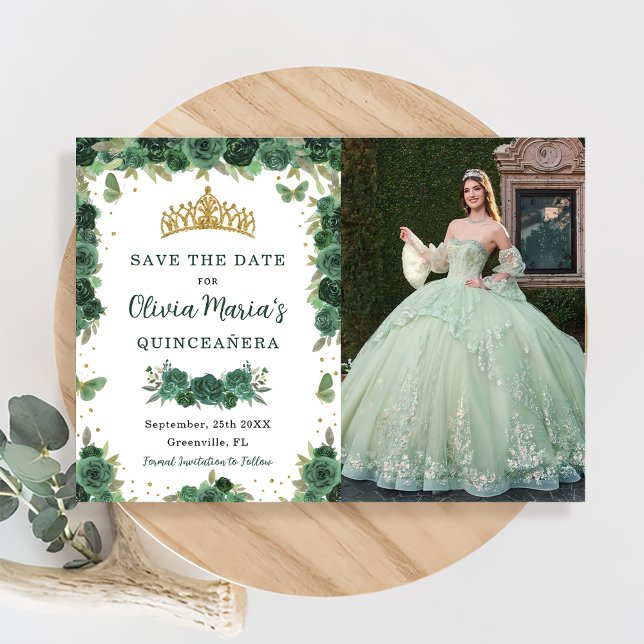 Save The Date Quinceañera Emerald Green Floral Butterflies Photo (Créateur téléchargé)